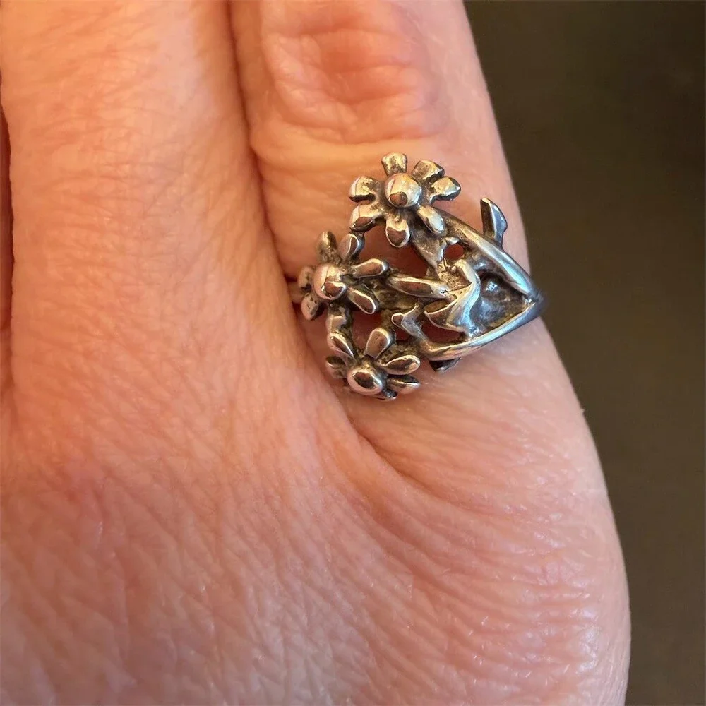 Vintage Art Deco Floral Bouquet Openwork Cluster Ring Sterling Silver Size 4.75